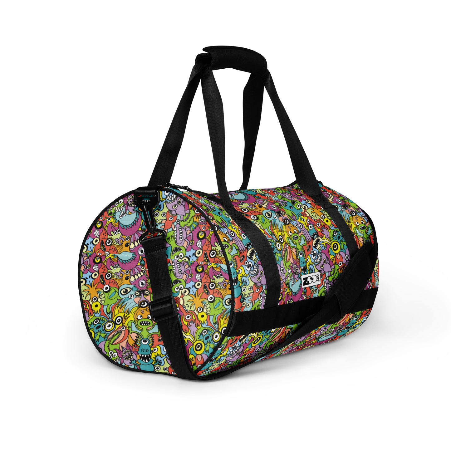 Funny monster fighting for the best spot for a pattern design All-over print gym bag. Overview