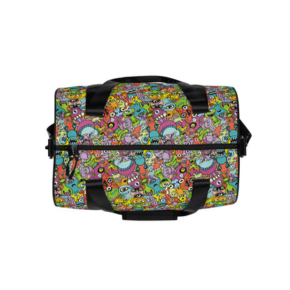 Funny monster fighting for the best spot for a pattern design All-over print gym bag. Top view