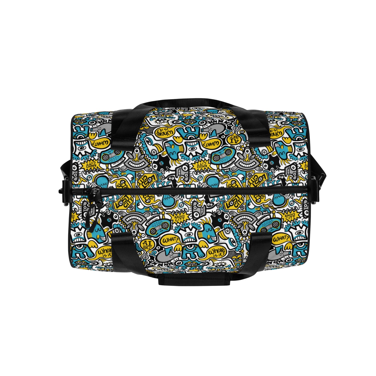 Discover a whole Doodle world buzzing in Lost city All-over print gym bag. Top view