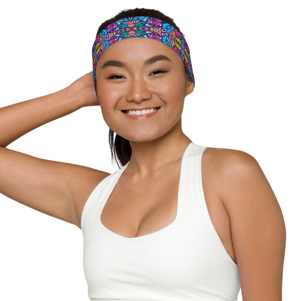Smiling woman wearing Headband All-over printed with Whimsical design featuring multicolor critters from another world