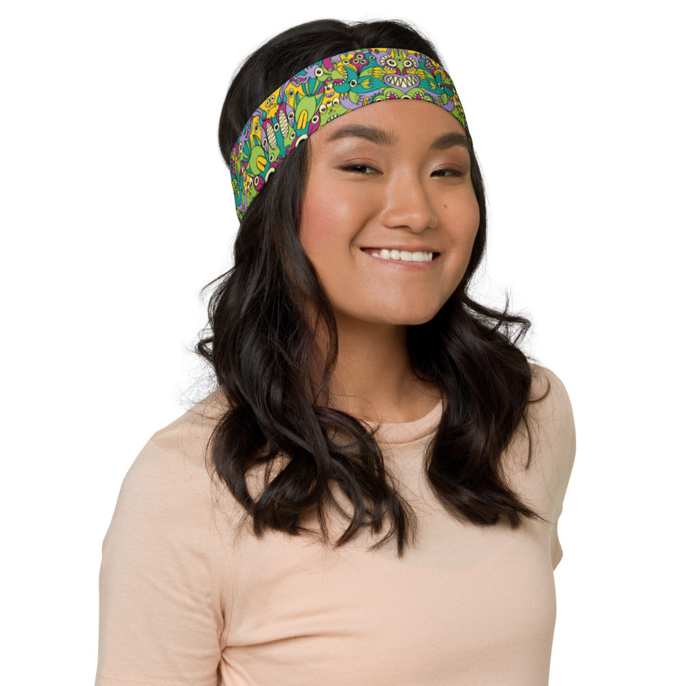 Smiling woman wearing Headband All over printed with It’s life but not as we know it pattern design