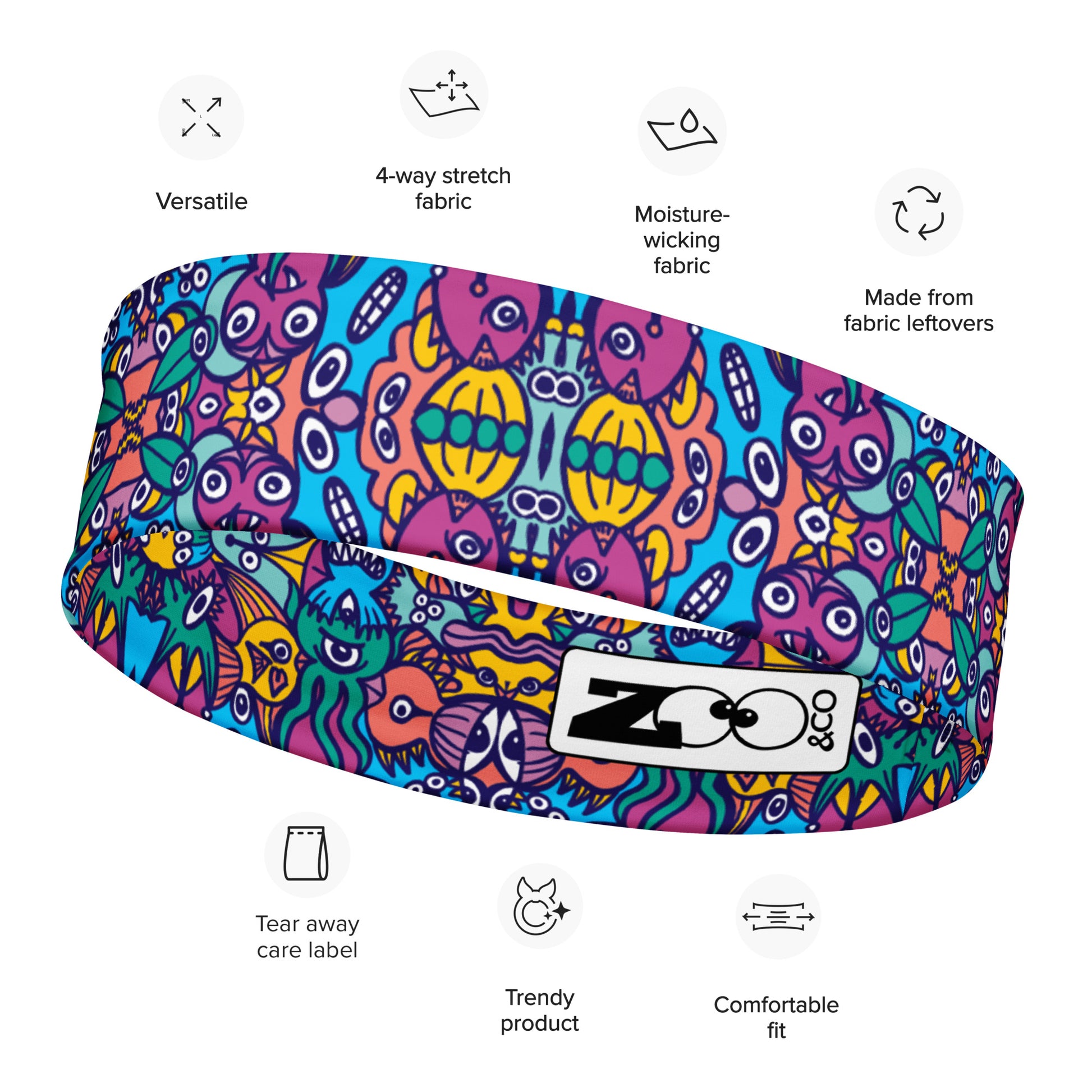 Whimsical design featuring multicolor critters from another world Headband. Left front view. Specifications
