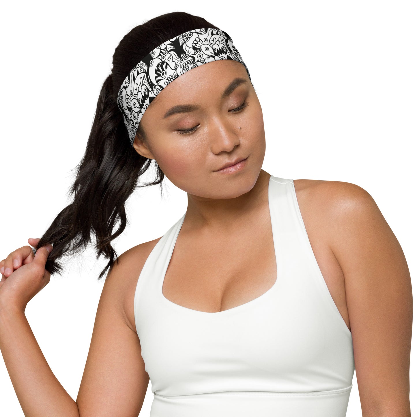 Nice woman wearing Headband All over printed with Black and white cool doodles art