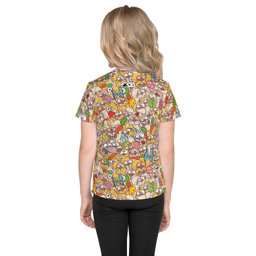 Little girl wearing Kids crew neck t-shirt all-over printed with Thousands of crazy bunnies celebrating Easter. Back view
