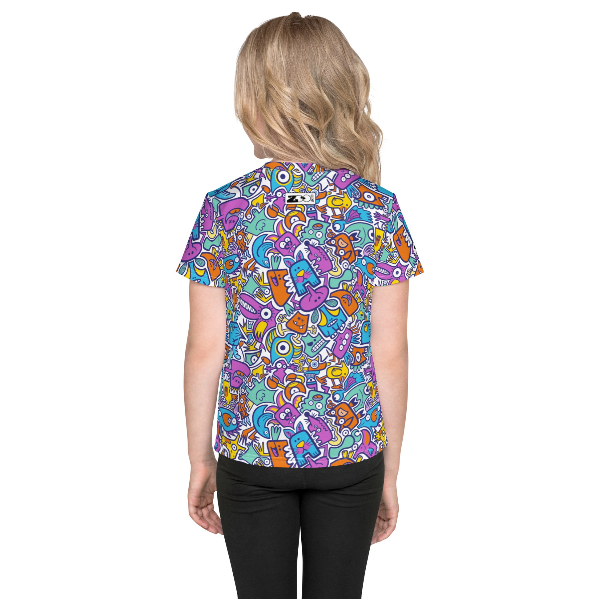 Funny multicolor doodle world All-over print Kids crew neck t-shirt. Back view
