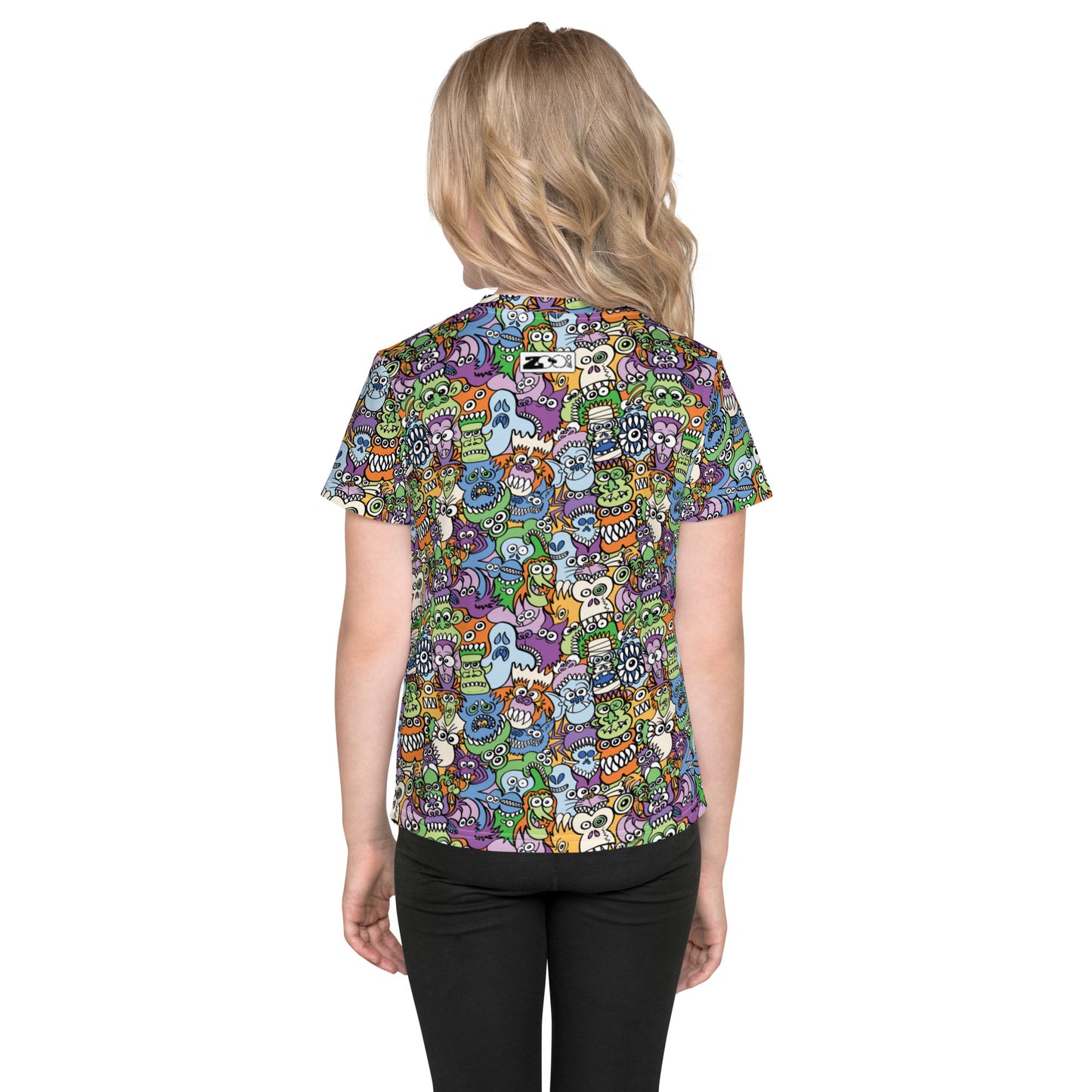 All the spooky Halloween monsters in a pattern design Kids crew neck t-shirt. Back view