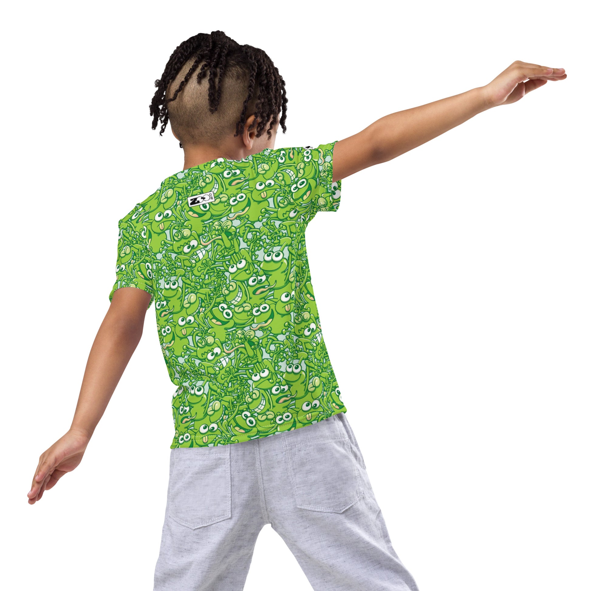 A tangled army of happy green frogs appears when the rain stops Kids crew neck t-shirt. Back view