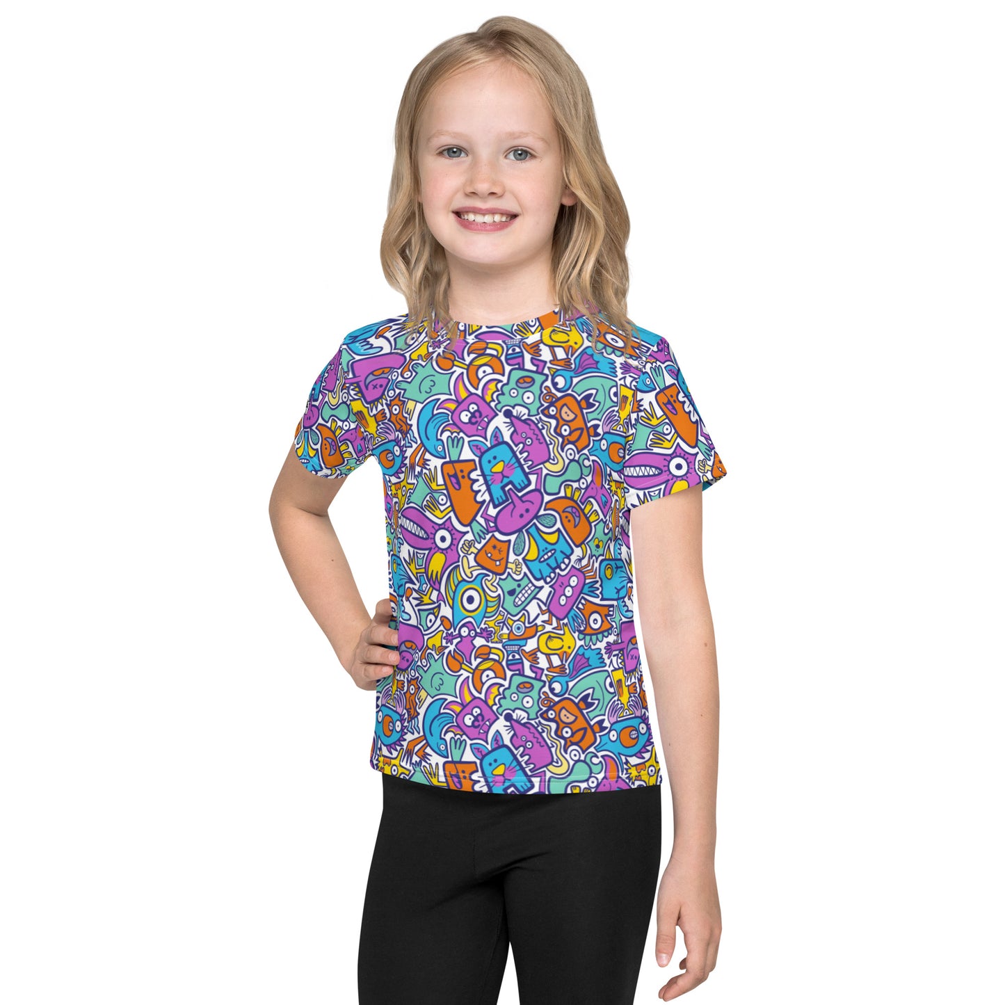 Funny multicolor doodle world All-over print Kids crew neck t-shirt. Front view