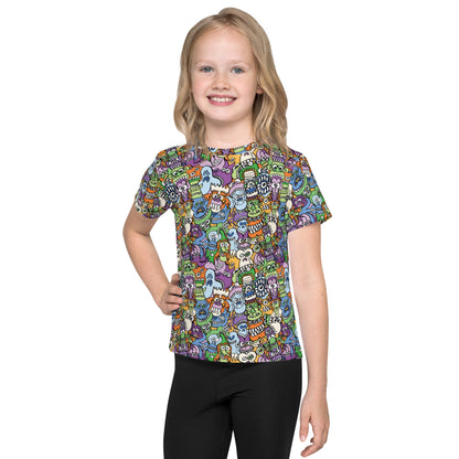 All the spooky Halloween monsters in a pattern design Kids crew neck t-shirt. Front view