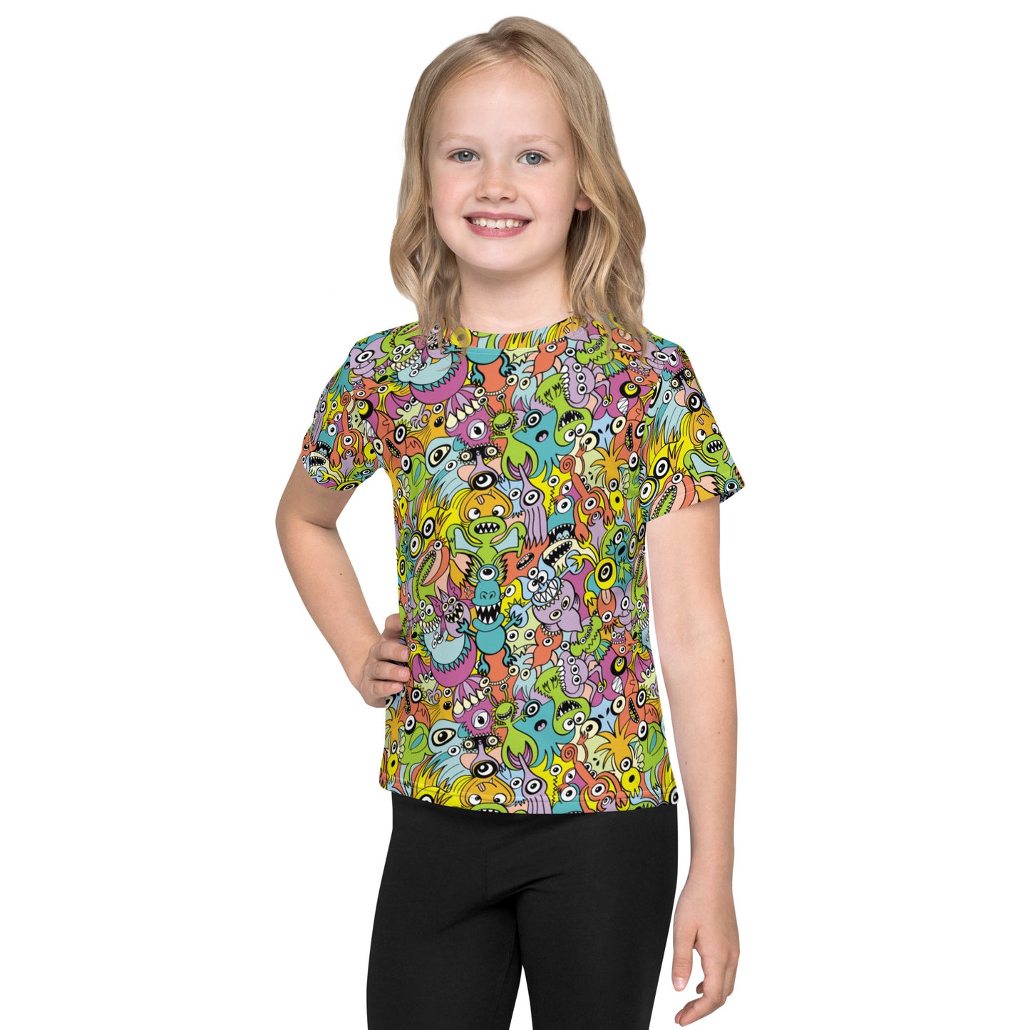 Funny monsters fighting for the best spot for a pattern design Kids crew neck t-shirt. Front view