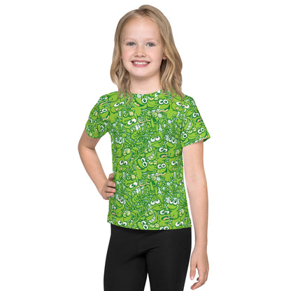 A tangled army of happy green frogs appears when the rain stops Kids crew neck t-shirt. Overview