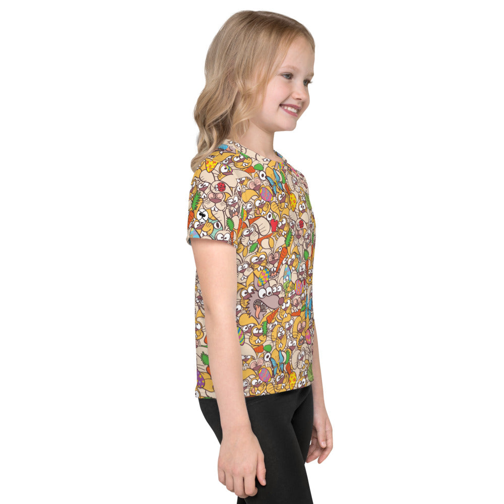Little girl wearing Kids crew neck t-shirt all-over printed with Thousands of crazy bunnies celebrating Easter. Side view