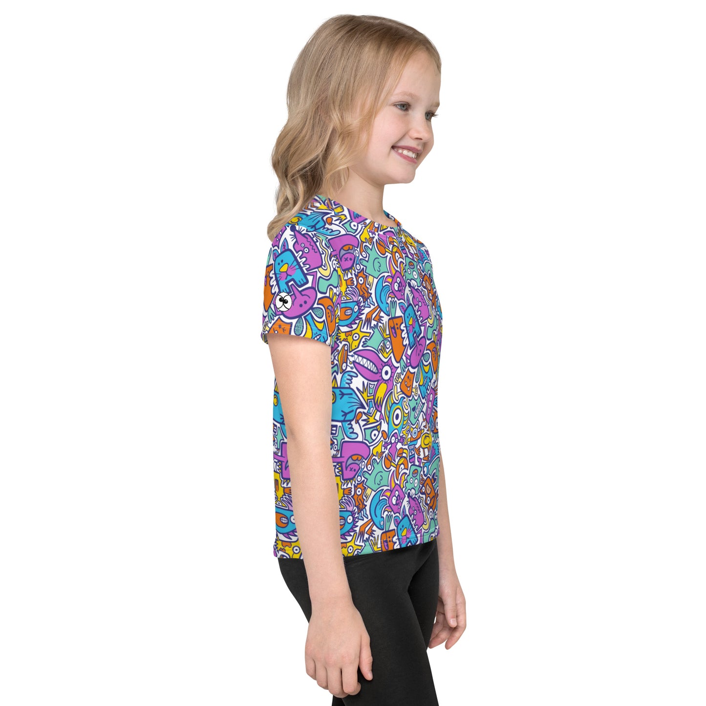 Funny multicolor doodle world All-over print Kids crew neck t-shirt. Side view