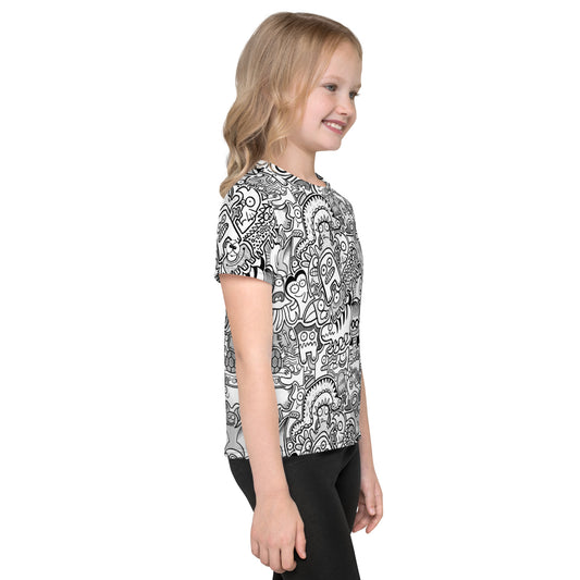 Fill your world with cool doodles Kids crew neck t-shirt. Side view
