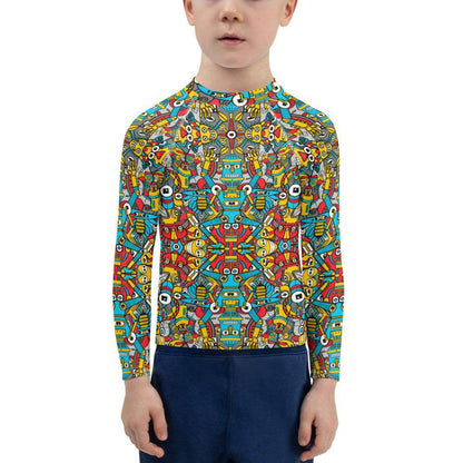 Crazy robots rising from rust in lively junkyards Kids Rash Guard-Kids Rash Guard