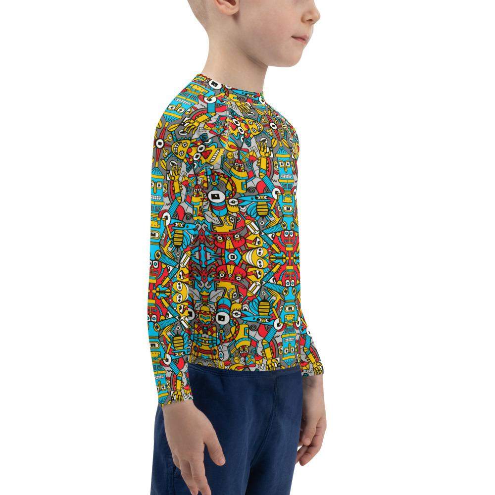 Crazy robots rising from rust in lively junkyards Kids Rash Guard-Kids Rash Guard