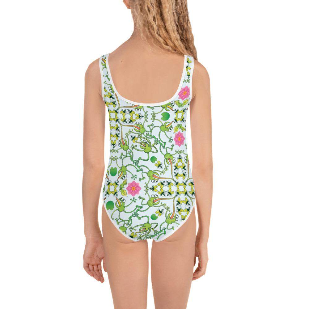 Funny frogs hunting flies All-Over Print Kids Swimsuit. Back view