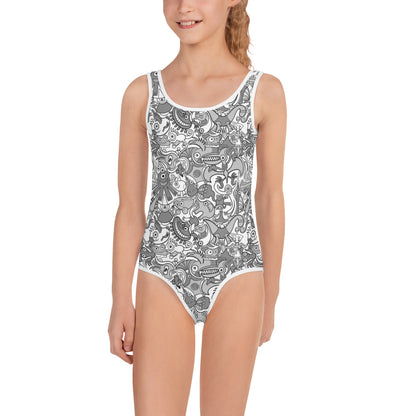 Awesome Doodle creatures in a variety of tones of gray All-Over Print Kids Swimsuit. Front view