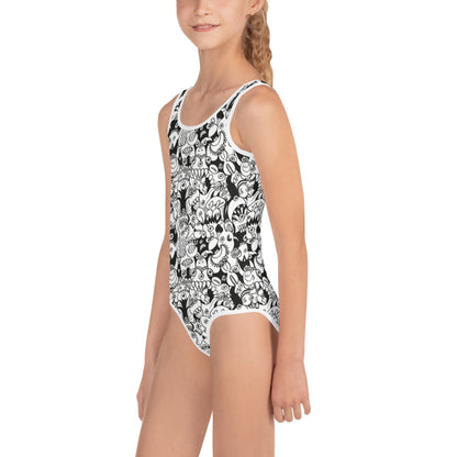 Black and white cool doodles art All-Over Print Kids Swimsuit. Side view