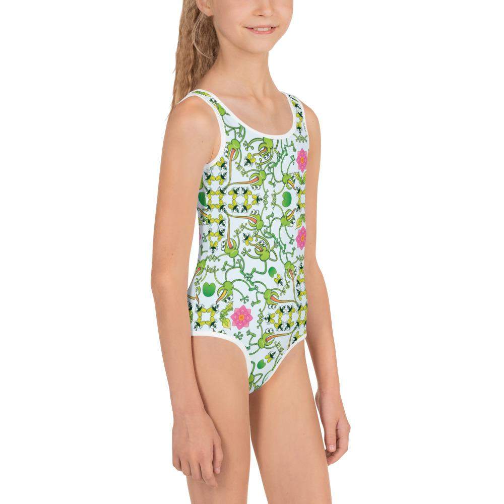 Funny frogs hunting flies All-Over Print Kids Swimsuit. Side view