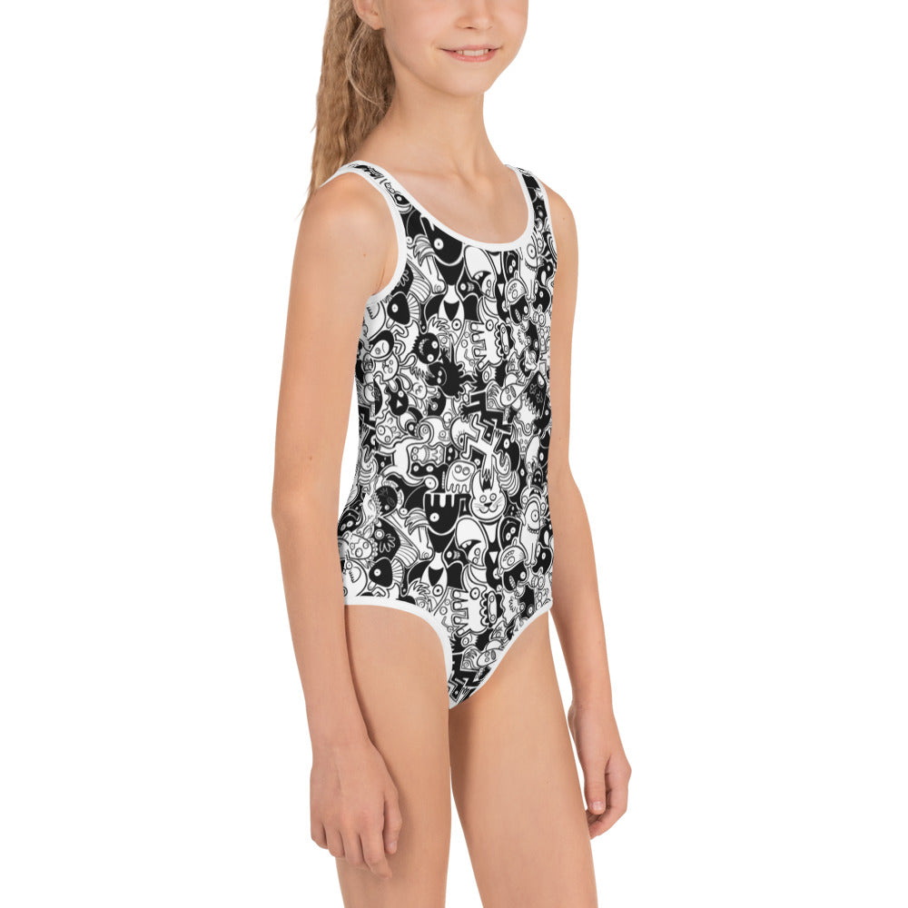 Joyful crowd of black and white doodle creatures All-Over Print Kids Swimsuit. Side view