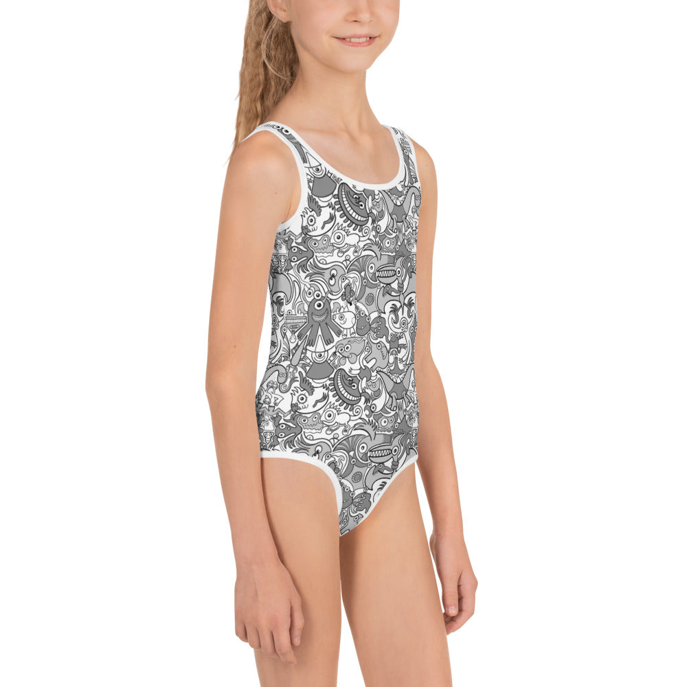 Awesome Doodle creatures in a variety of tones of gray All-Over Print Kids Swimsuit. Side view