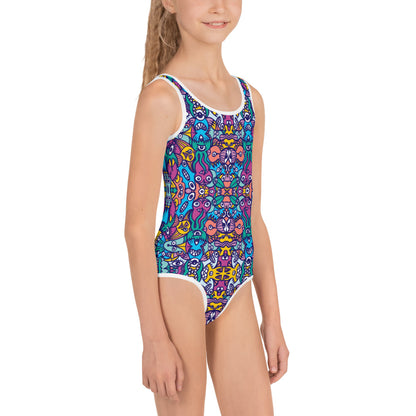 Whimsical design featuring multicolor critters from another world All-Over Print Kids Swimsuit. Side view