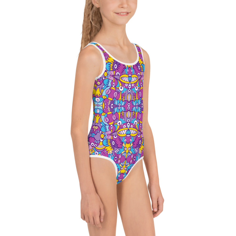 Doodle art compulsion is out of control All-Over Print Kids Swimsuit. Right front view