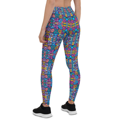 Whimsical design featuring multicolor critters from another world All-over print Leggings. Back view