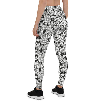 Black and white cool doodles art Leggings. Back view