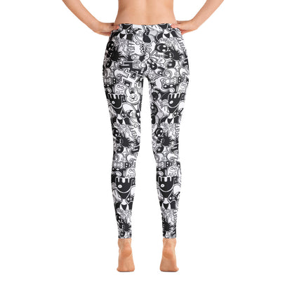 Joyful crowd of black and white doodle creatures Leggings. Back view