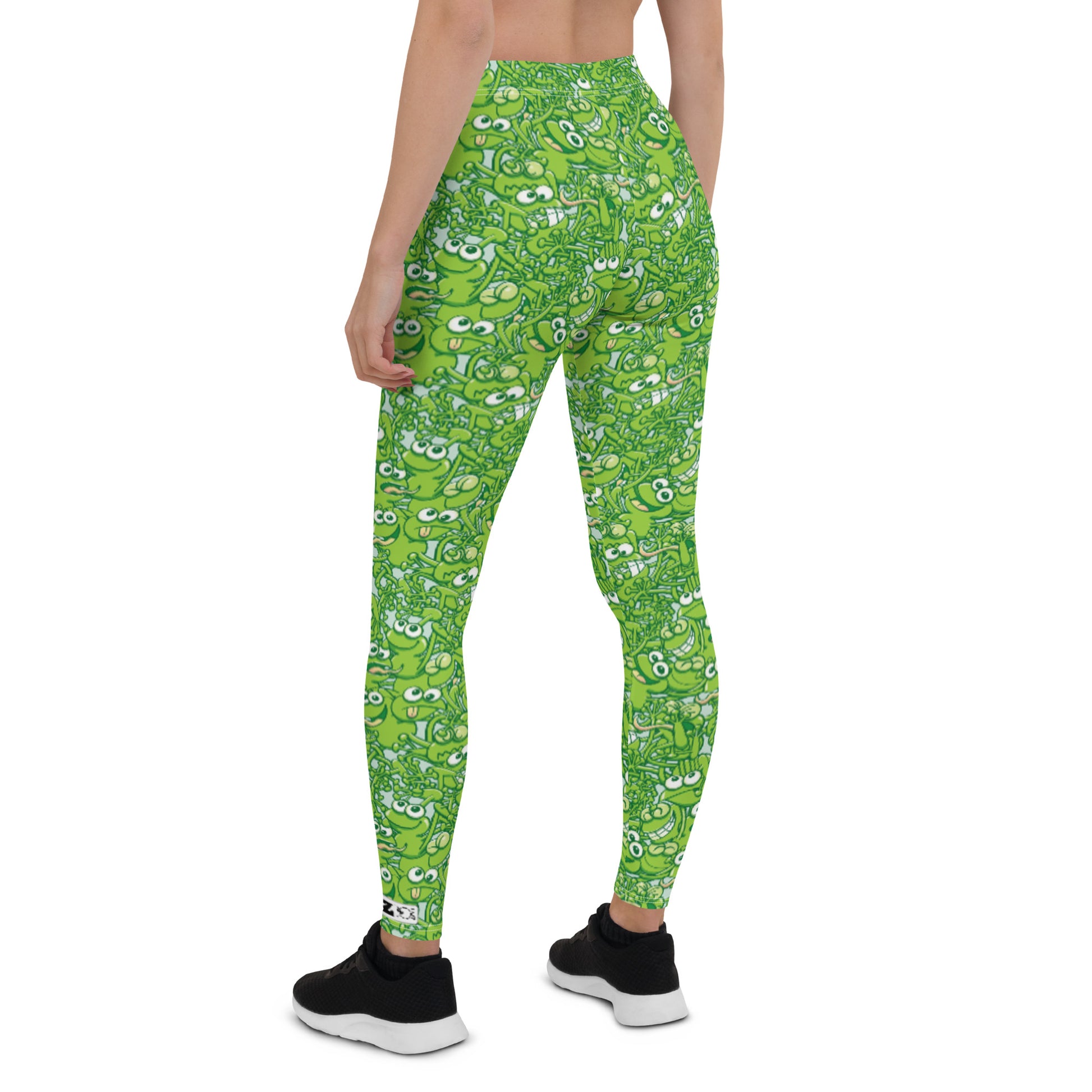 A tangled army of happy green frogs appears when the rain stops Leggings. Back view