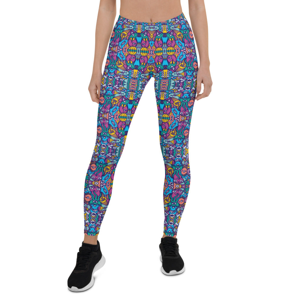Whimsical design featuring multicolor critters from another world All-over print Leggings. Front view