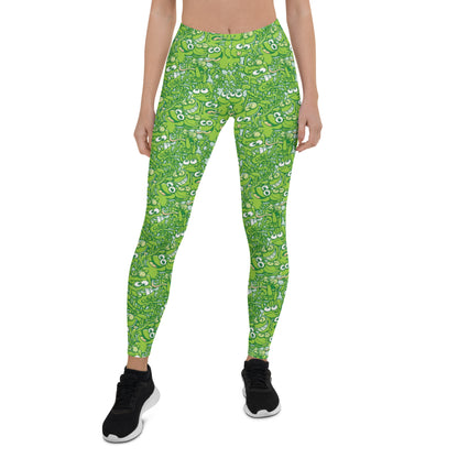 A tangled army of happy green frogs appears when the rain stops Leggings. Front view