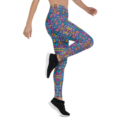 Whimsical design featuring multicolor critters from another world All-over print Leggings. Side view