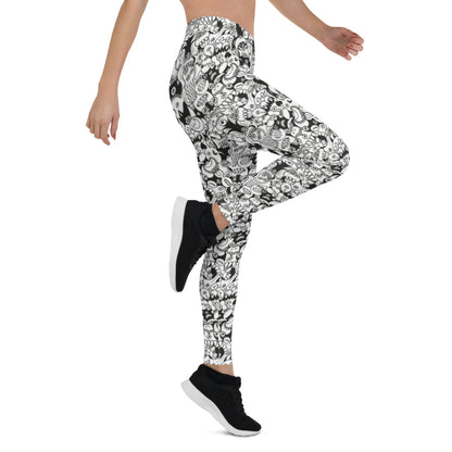 Black and white cool doodles art Leggings. Side view