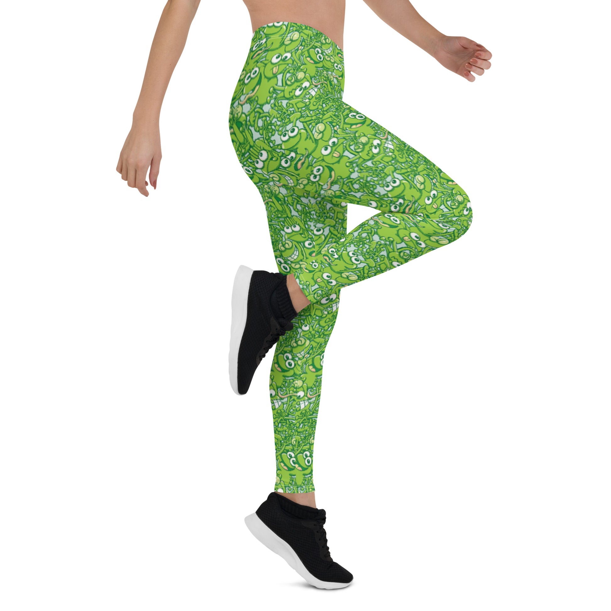 A tangled army of happy green frogs appears when the rain stops Leggings. Side view