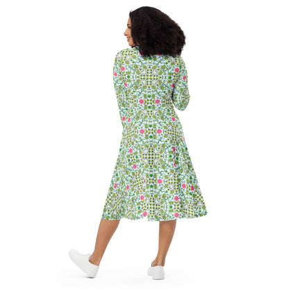 Funny frogs hunting flies All-over print long sleeve midi dress. Back view