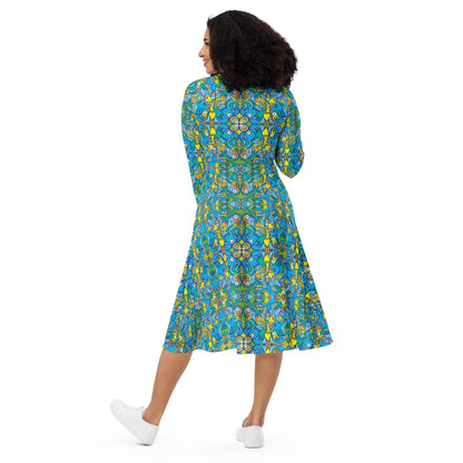Exotic birds tropical pattern All-over print long sleeve midi dress. Back view