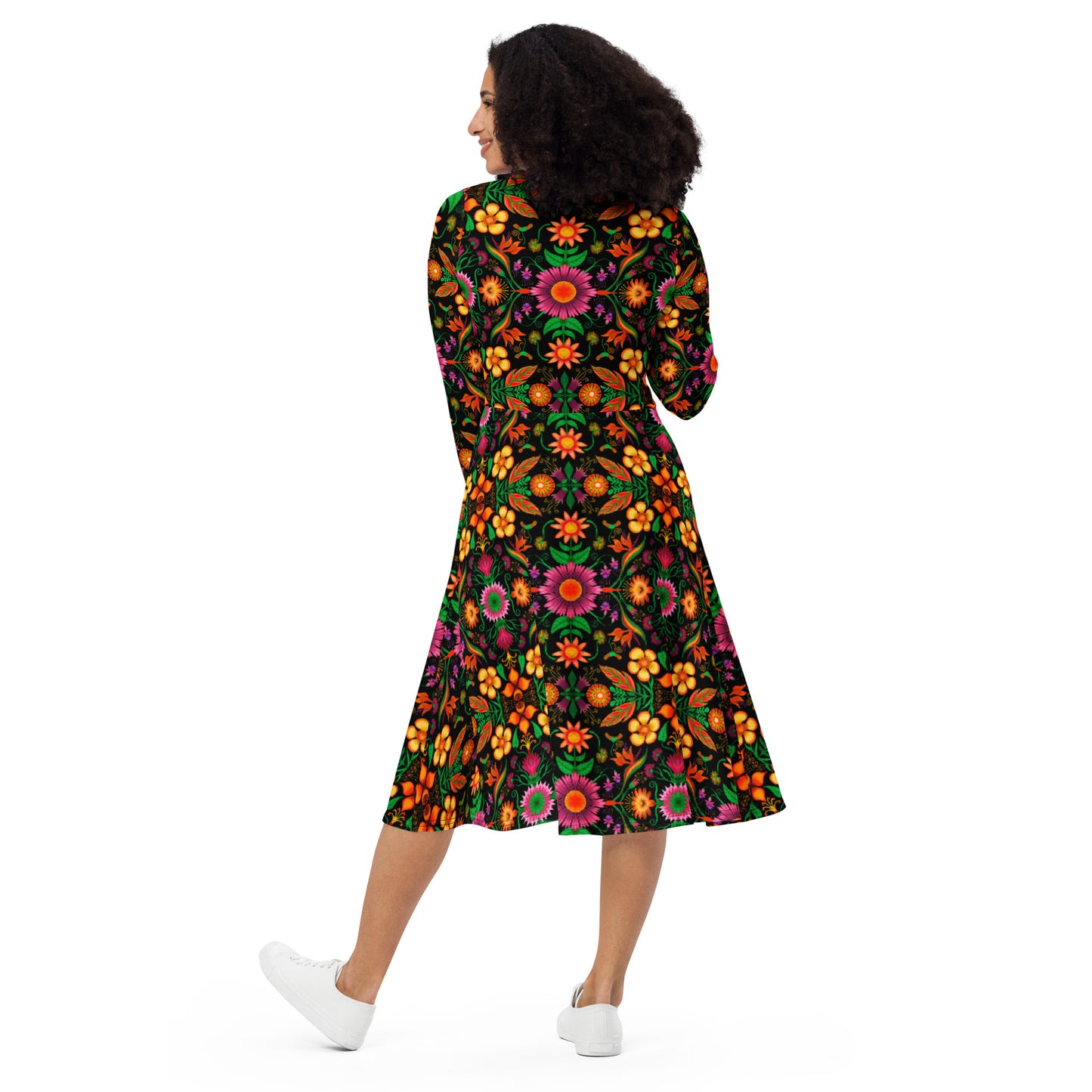 Wild flowers in a luxuriant jungle All-over print long sleeve midi dress. Back view