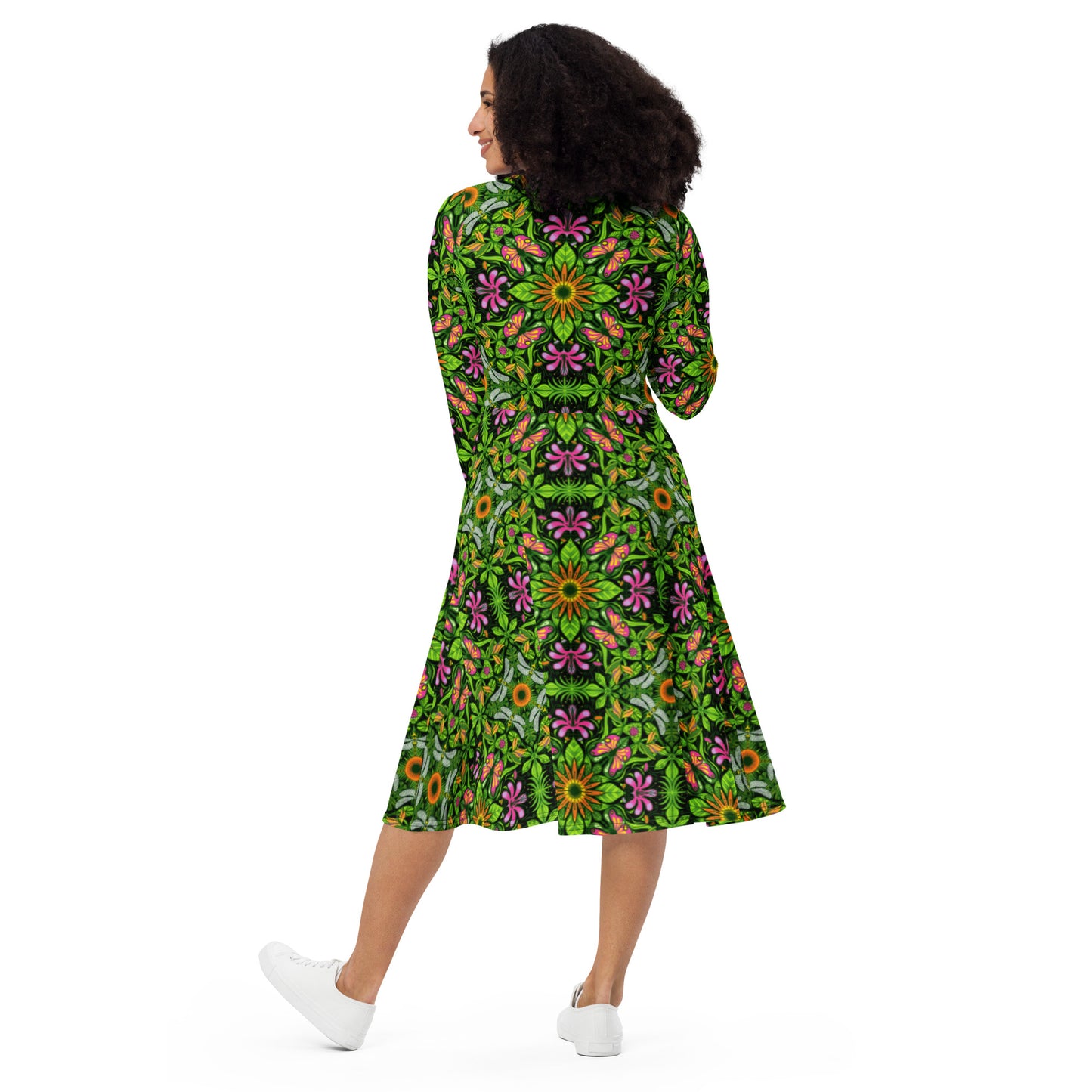 Magical garden full of flowers and insects All-over print long sleeve midi dress. Back view