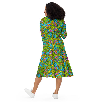 To keep calm and doodle is more than just doodling All-over print long sleeve midi dress. Back view