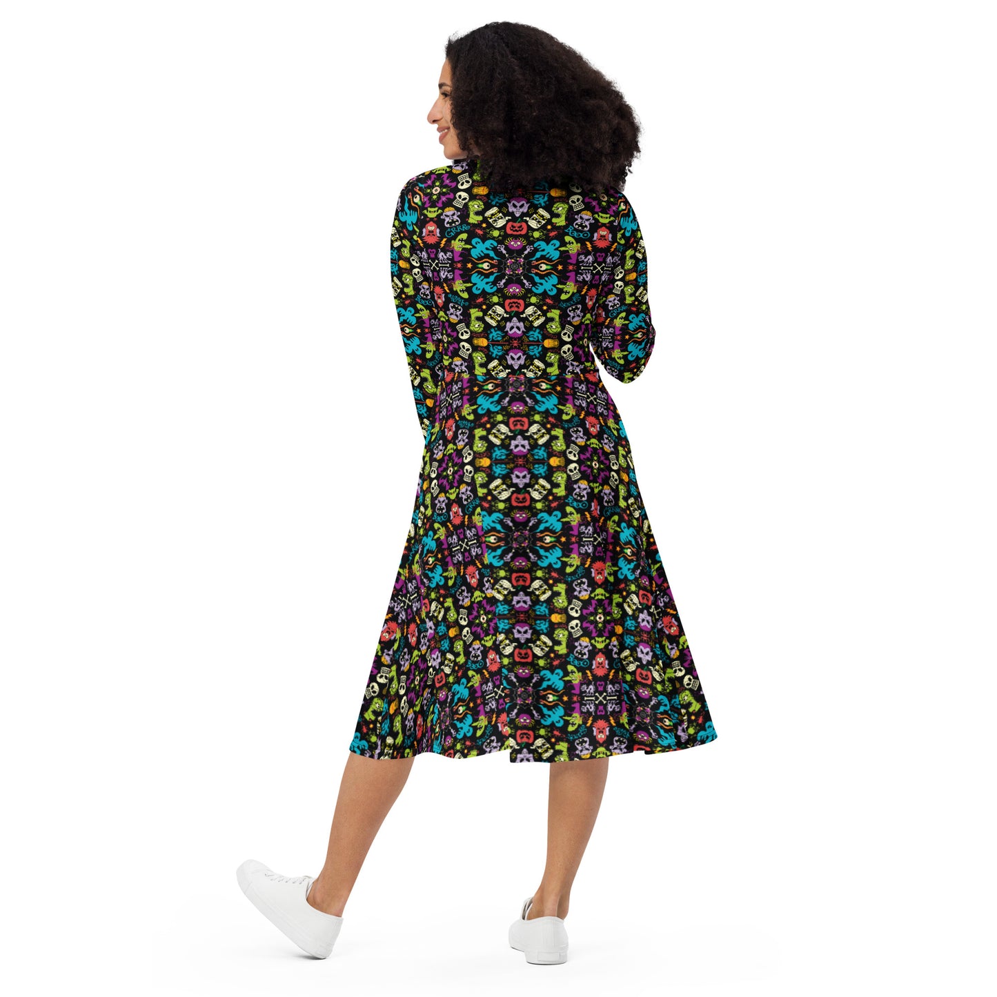 Spooky Halloween characters in a pattern design All-over print long sleeve midi dress. Back view