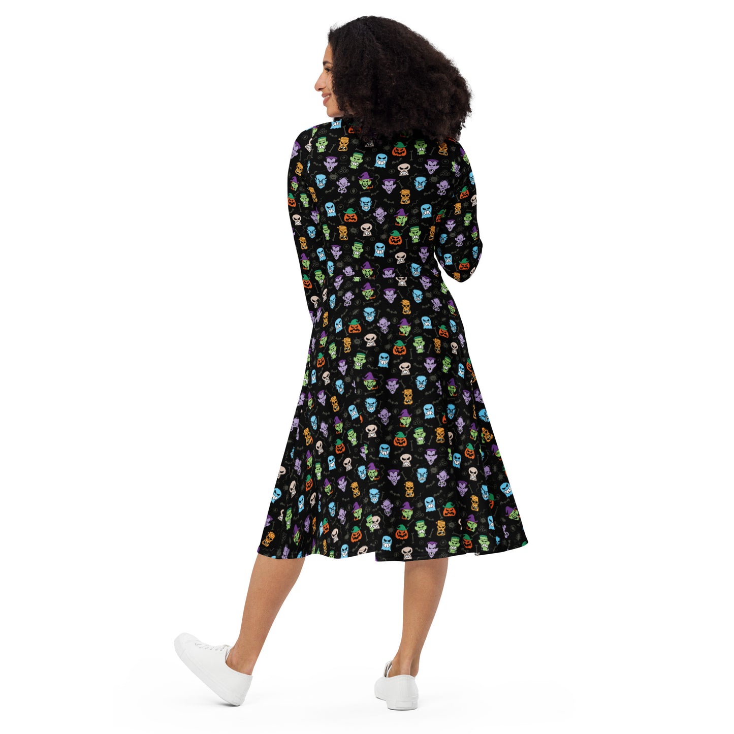 Scary Halloween faces All-over print long sleeve midi dress. Back view