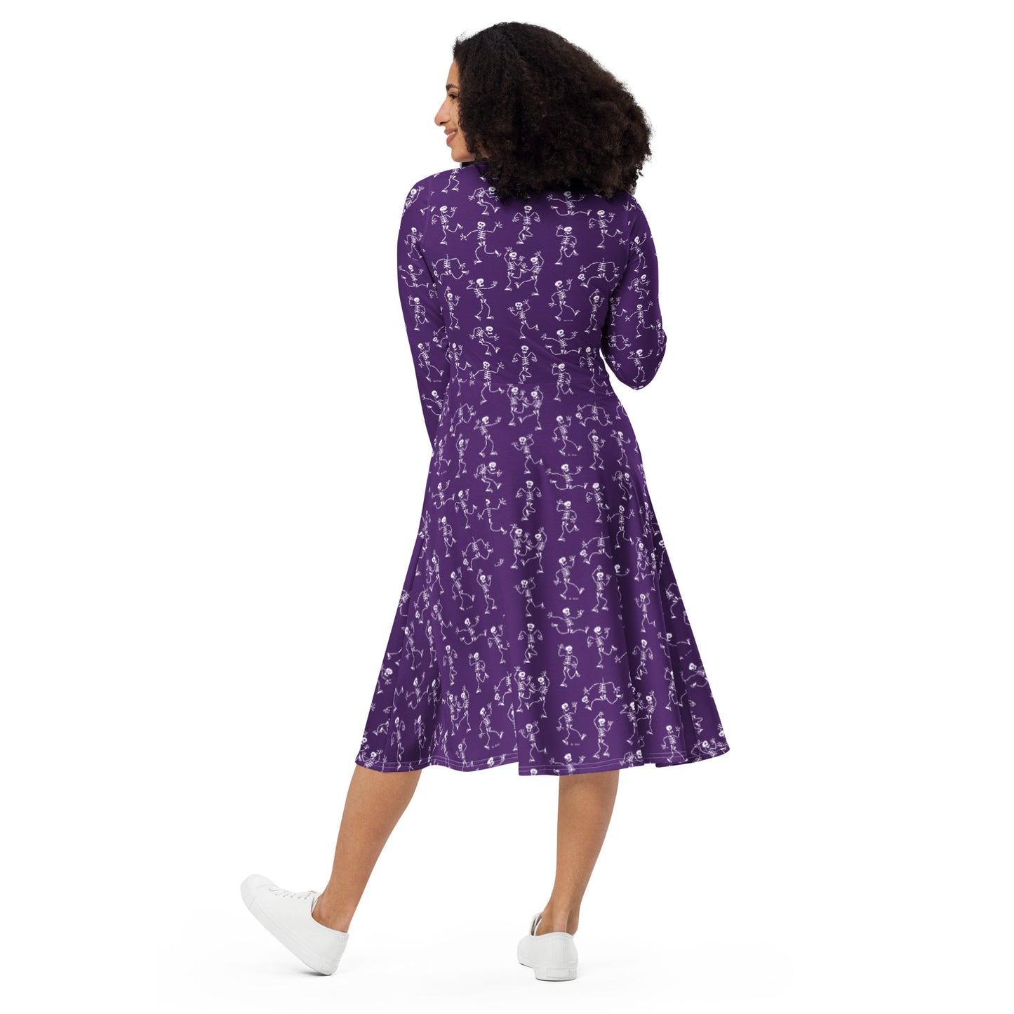 Fantastic skeletons having a great time at Halloween All-over print long sleeve midi dress. Back view