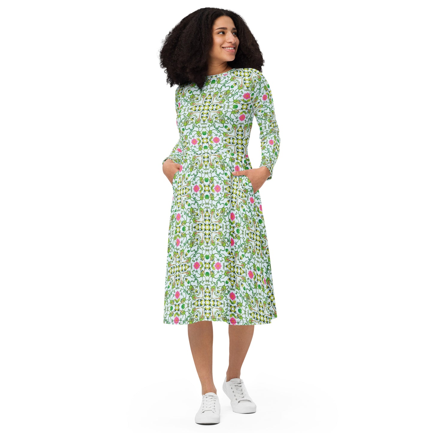 Funny frogs hunting flies All-over print long sleeve midi dress. Front view