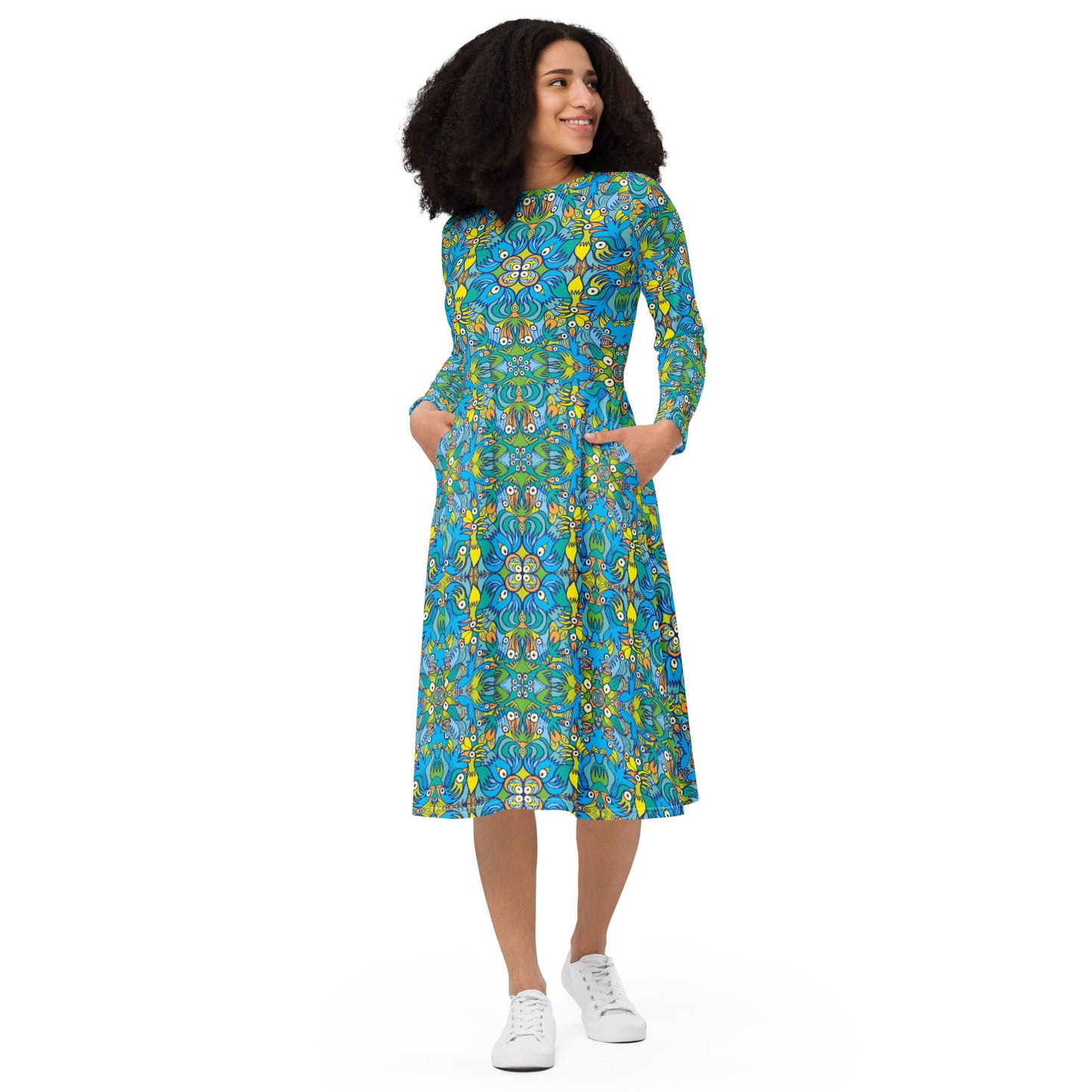 Exotic birds tropical pattern All-over print long sleeve midi dress. Front view
