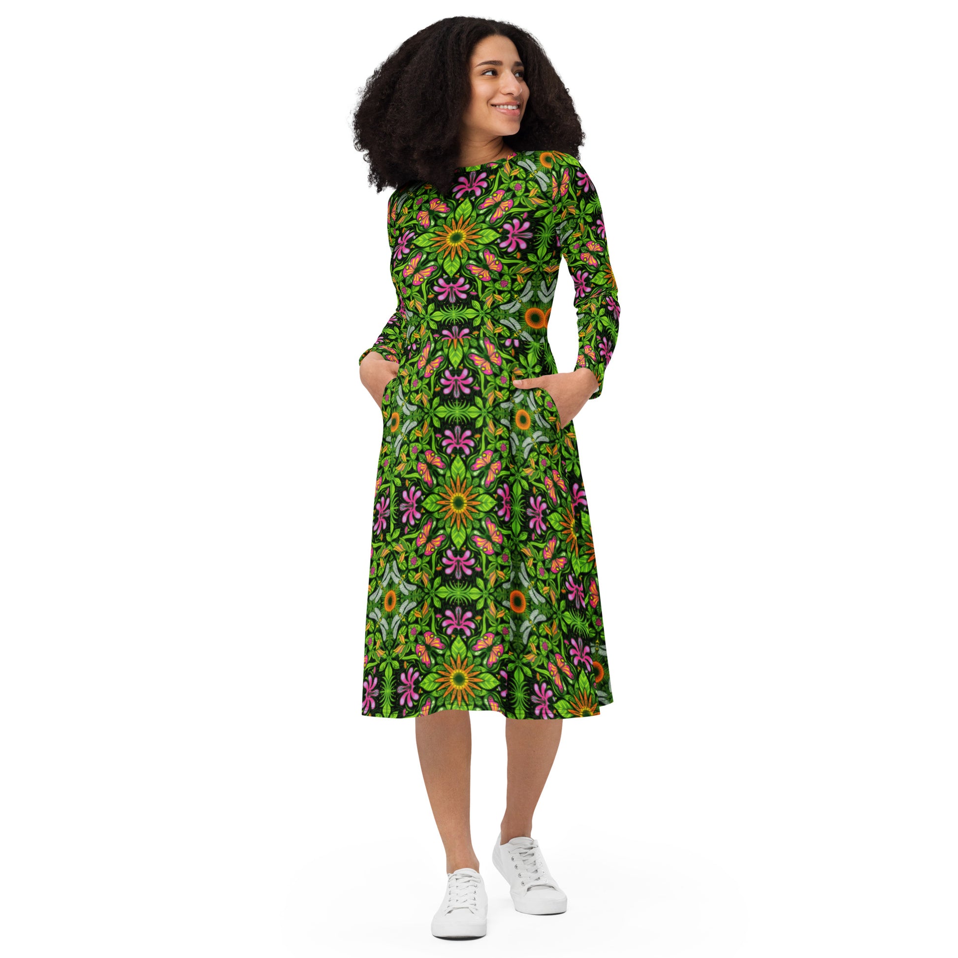 Magical garden full of flowers and insects All-over print long sleeve midi dress. Front view