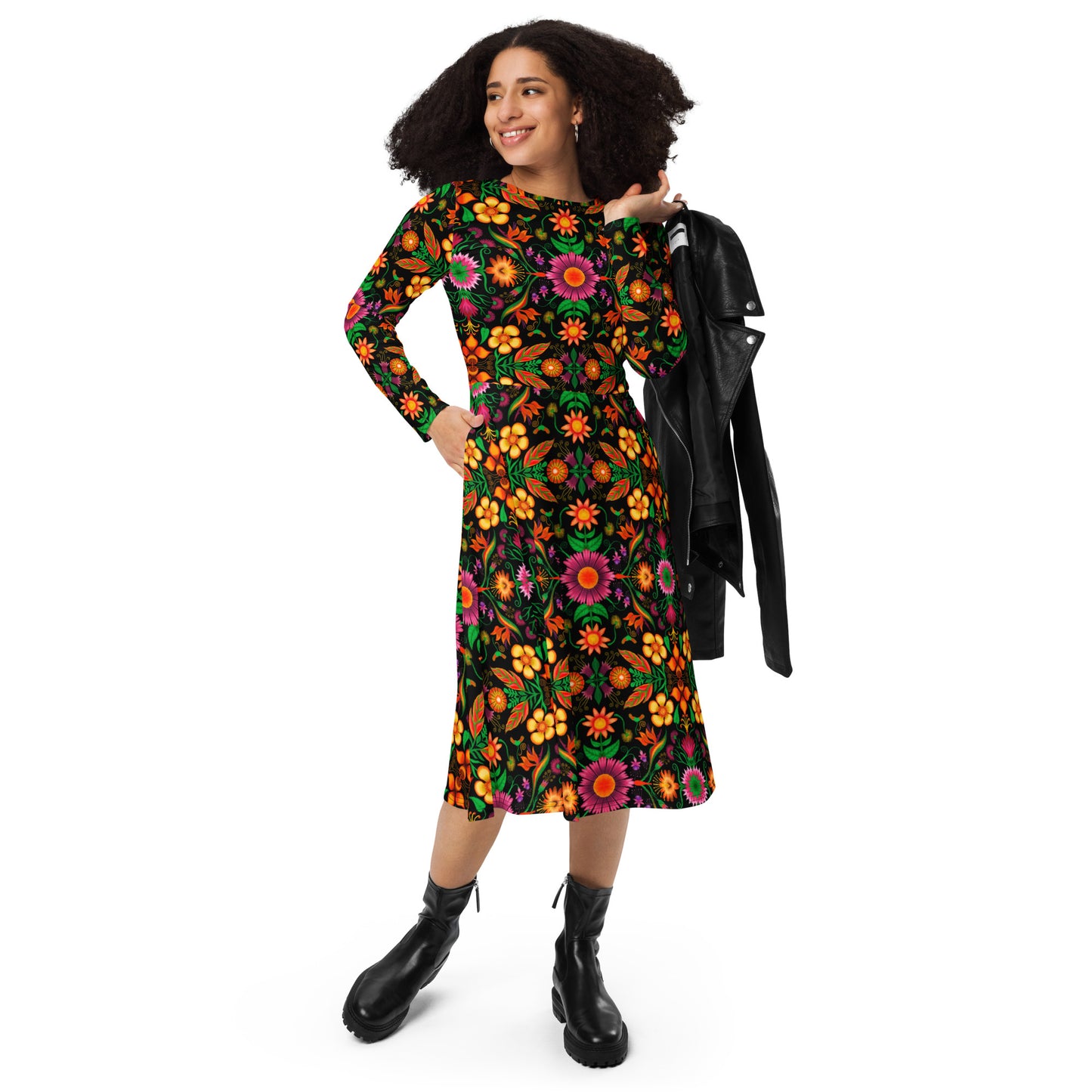 Wild flowers in a luxuriant jungle All-over print long sleeve midi dress. Lifestyle