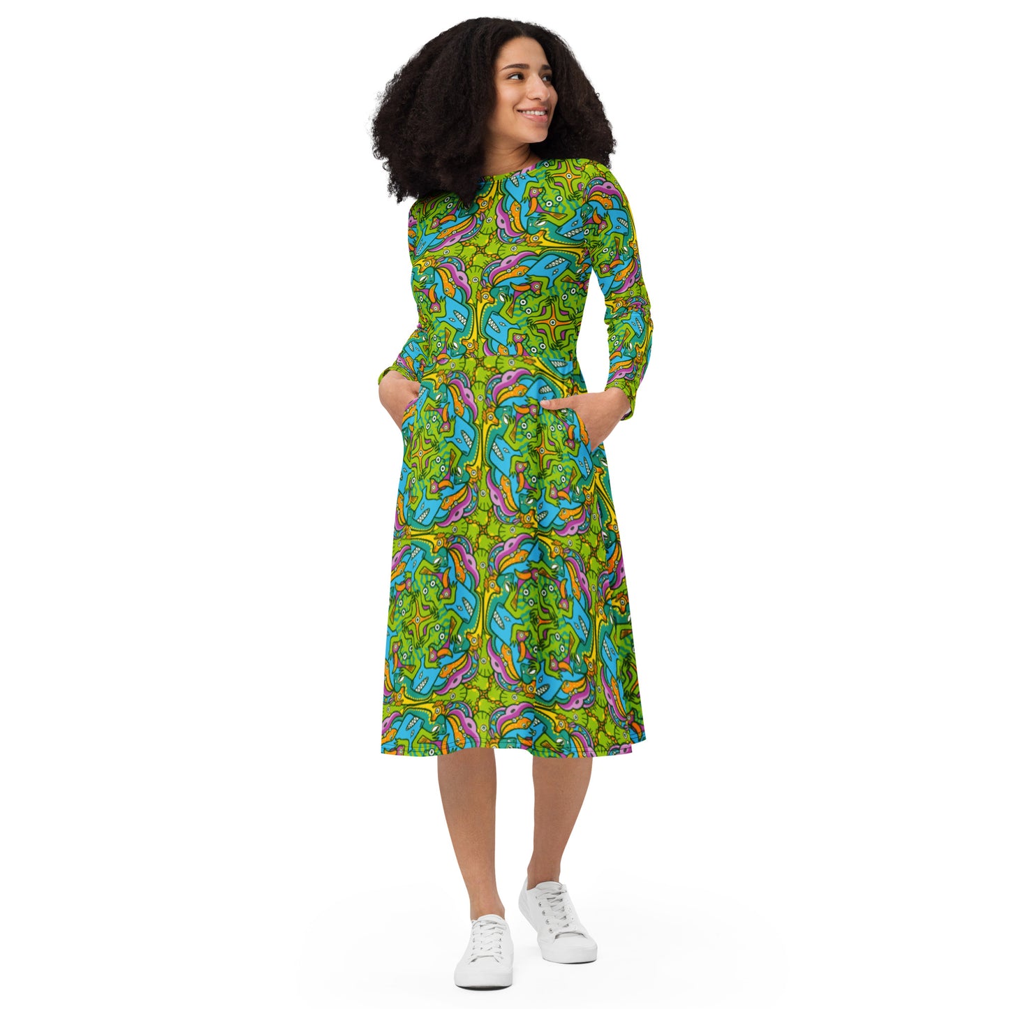 To keep calm and doodle is more than just doodling All-over print long sleeve midi dress. Front view